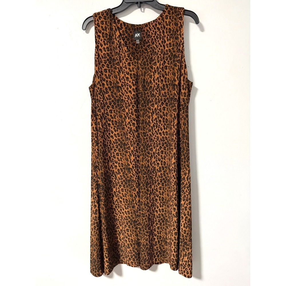Anne Klein Shift Dress Brown Leopard Print Stretch Jersey Sleeveless V-Neck  16